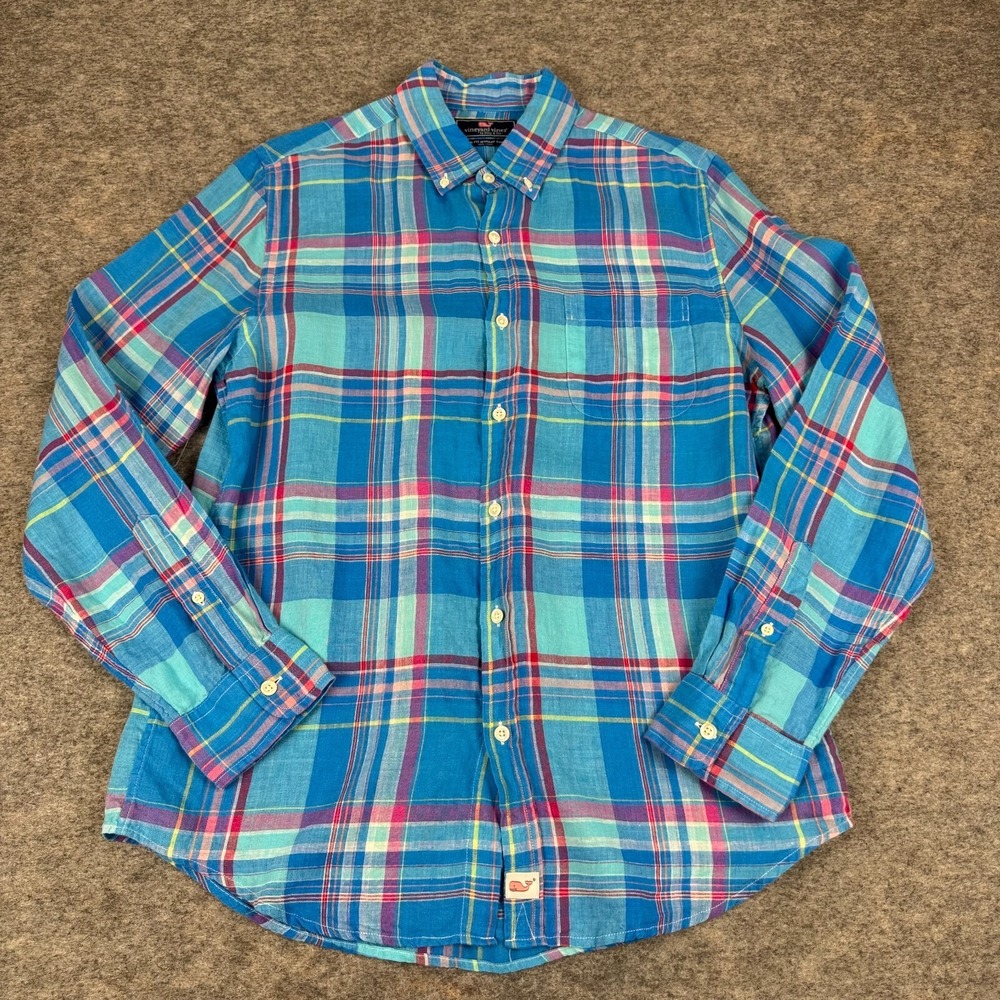Vineyard Vines Slim Fit Murray Shirt Button Down Linen Plaid Blue Mens Medium M